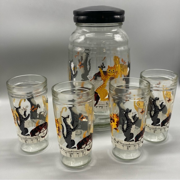 5 Pc Anchor Hocking Cats Butterflies Glasses Jug Dispenser Set Vintage EVC - Picture 3 of 7